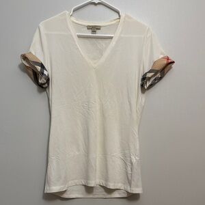 Burberry White and Tan Fitted Cuffed Sleeve T-Shirt